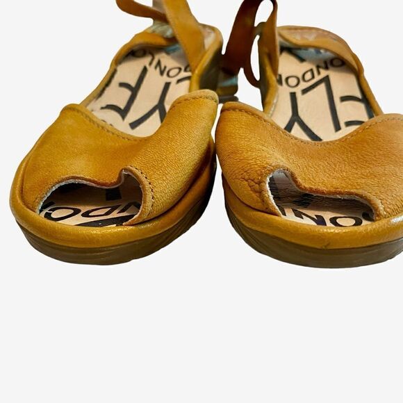 Fly London Mustard Yellow Wedge Sandals Peep Toe Ankle Wrap Shoes - Picture 4 of 6